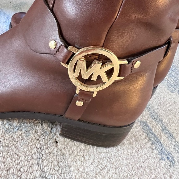 MICHAEL KORS FULTON HARNESS GOLD MK LOGO MOCHA BROWN TALL RIDING BOOTS SIZE 8 - Picture 9 of 12